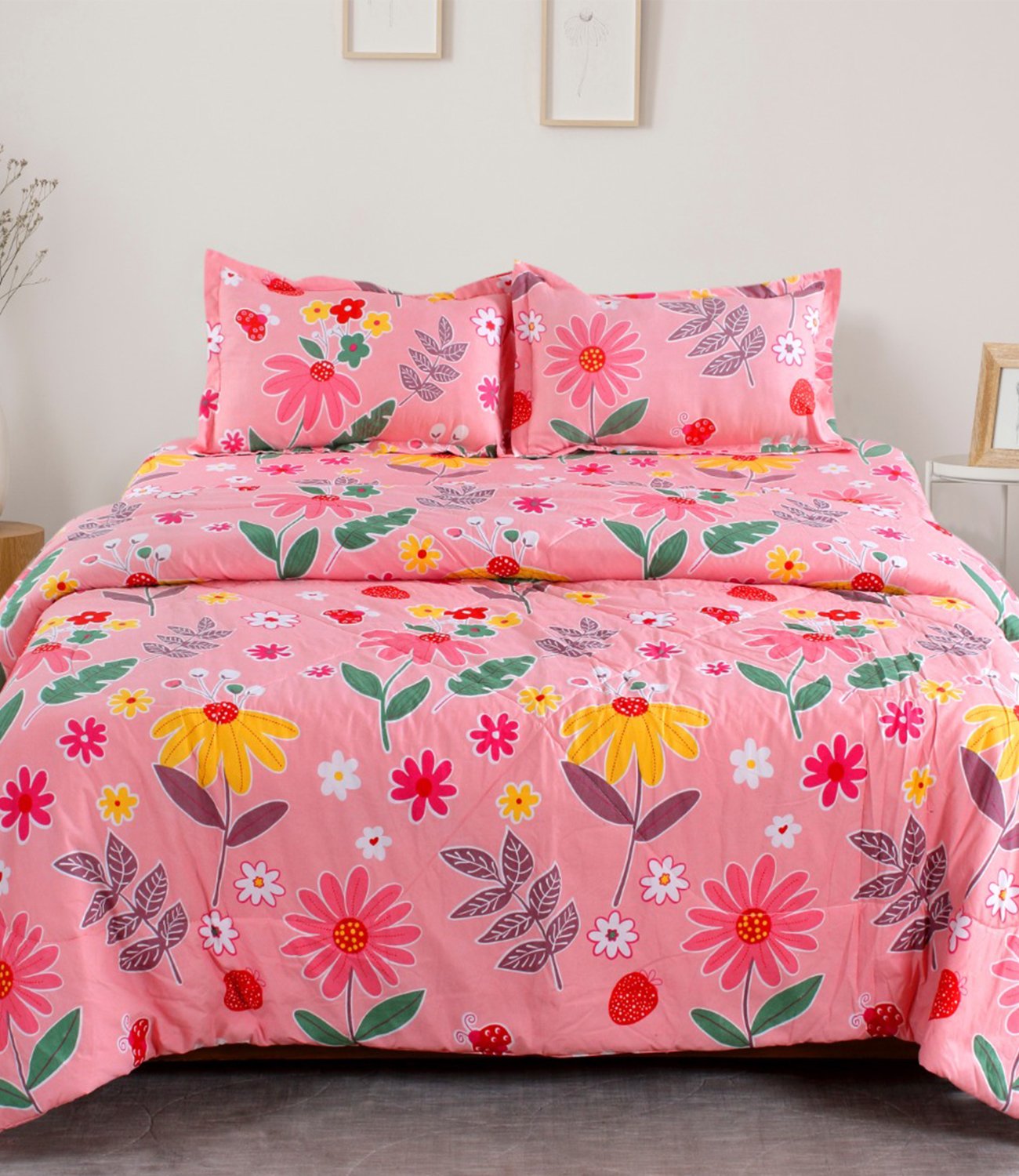 Bumble Bells Flower Printed Double Bed AC Comforter Bedsheet Set